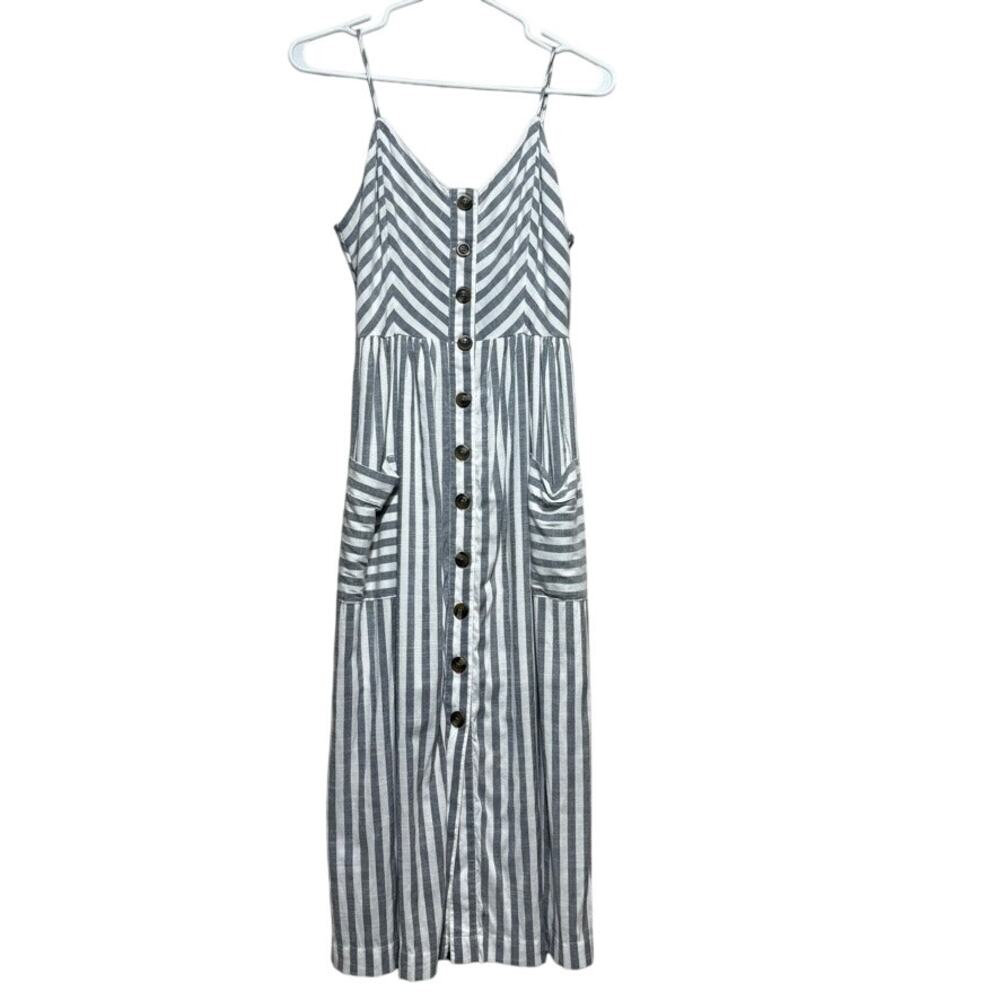 American Eagle Womens M Gray White Striped Midi Dress Button Front Pockets